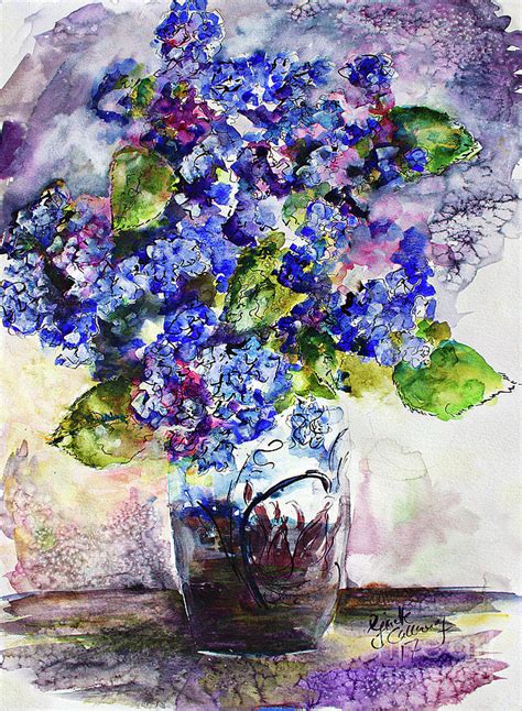 Blue Hydrangeas In Art Glass Vase Still Life Painting By Ginette