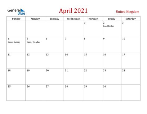 Free printable april 2021 calendar templates with american holidays in pdf, jpg formats. United Kingdom April 2021 Calendar with Holidays