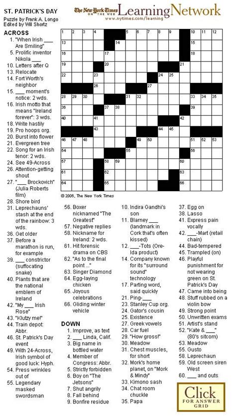 Patrick drove these out of ireland. Crossword Puzzle: St. Patrick's Day | Printable crossword ...