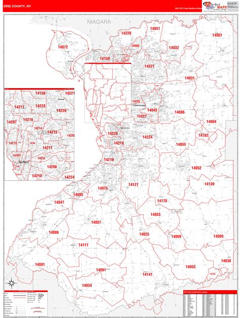 Erie County Ny Zip Code Wall Map Red Line Style By Marketmaps Mapsales