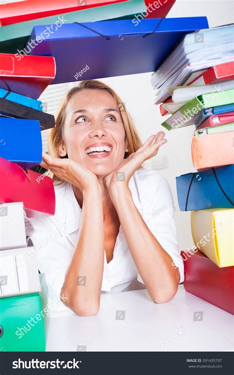 Woman Smiling Under Large Stack Files Stock Photo Edit Now 591435797