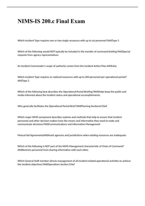 NIMS-IS 200.c Final Exam Questions and Answers 2024 Larest Edition 100%