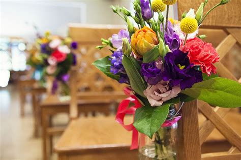 Rainbow Sweets Inspired Wedding Flowers Jam Jar Pew Ends