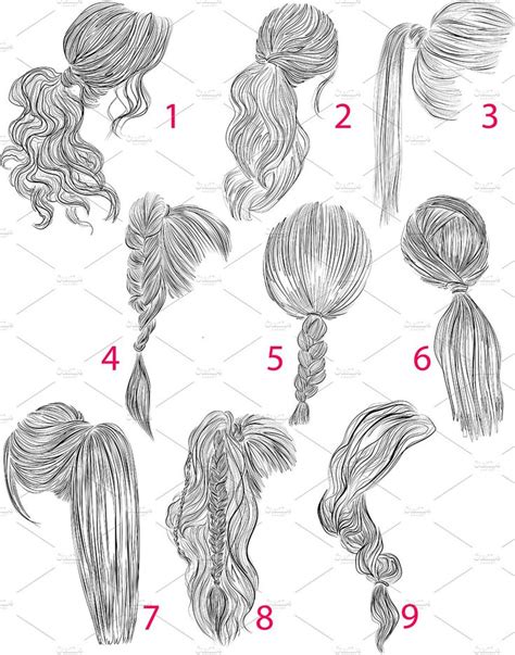 Ponytails Vector Hairstyles Set Drawing Hair Tutorial Ponytail