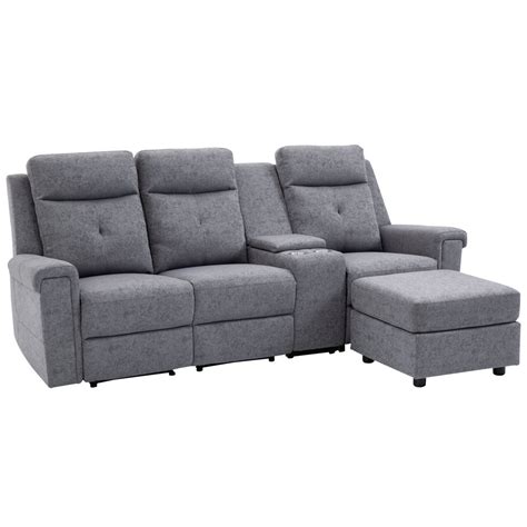 Homcom L Shaped Sofa Manual Reclining Sectional With Chaise 3 With Storage Console And Cup