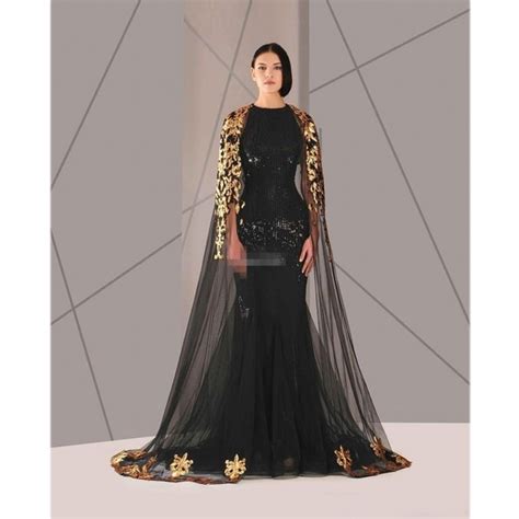 Arabic Muslim Evening Dresses Mermaid Gold And Black Sequins 2016 Plus
