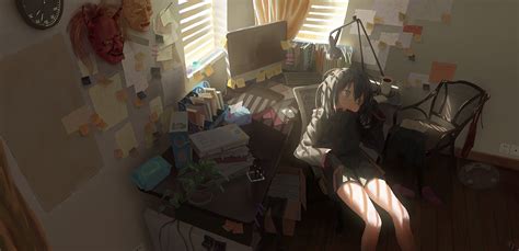 Wallpaper Anime Girls Anime Gamers Room Interior Sitting Desk