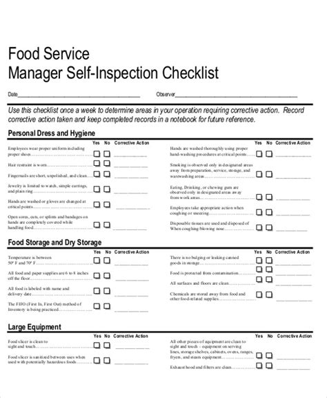 Food Service Inspection Checklist