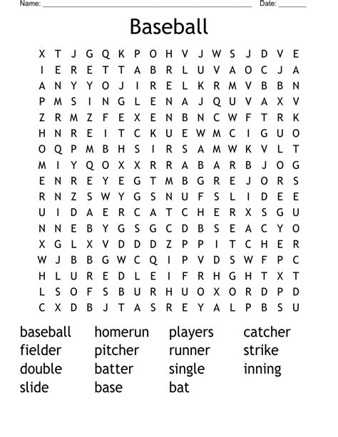 Baseball Word Search Printable