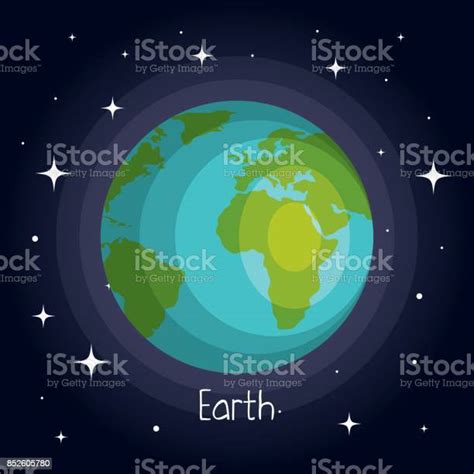 Earth Planet In Space With Stars Shiny Cartoon Style Stock Illustration