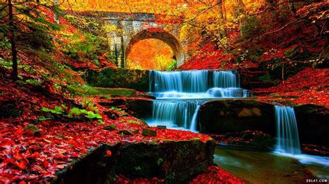 Waterfall In The Forest With Fall Leaves And Stone Bridge