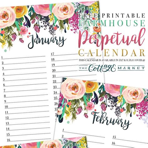 Free Printable Farmhouse Perpetual Calendar Perpetual Birthday