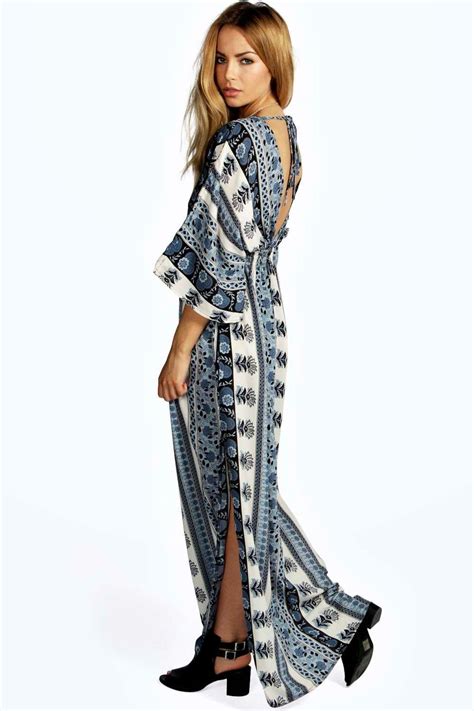 Boohoo Womens Mia Scarf Print Kimono Sleeve Maxi Dress Ebay