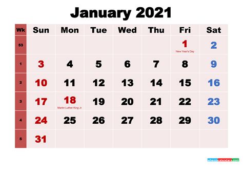 January 2021 Desktop Calendar Monthly