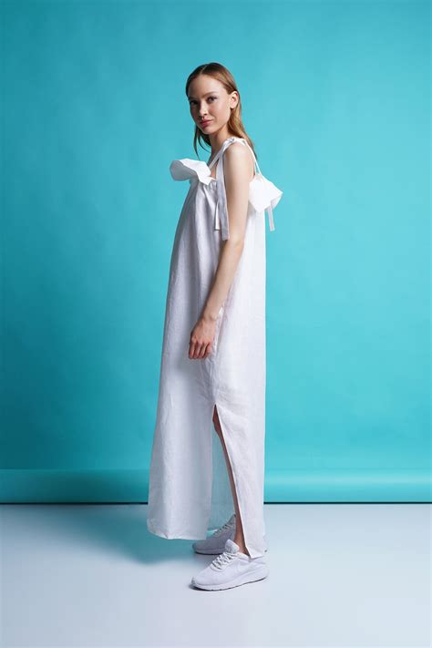 White Long Linen Dress Women Ruched Neckline Sleeveless Etsy