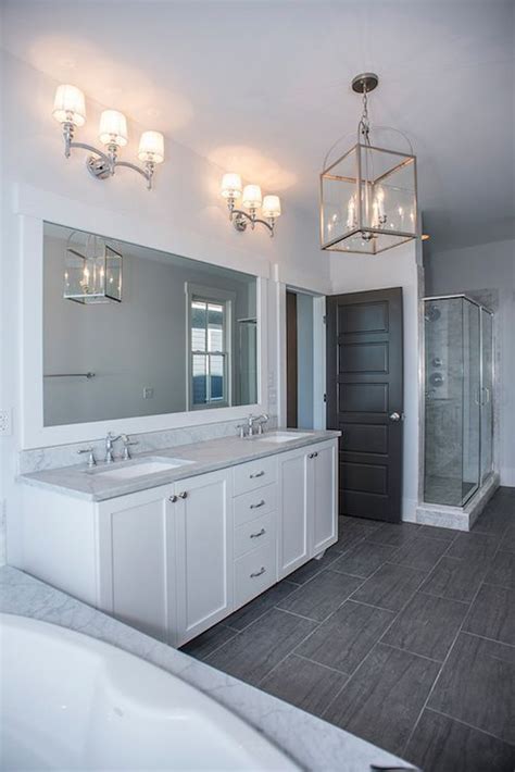 White Ensuite Grey Marble Bath Surround And Countertops Double Vanity