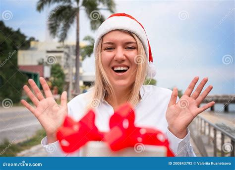 Girl Surprising With Christmas Gift Stock Photo Image Of Celebration Happiness