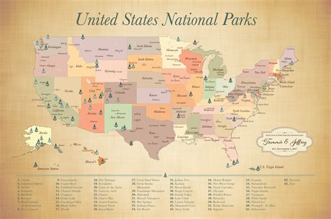 Push Pin Us National Parks Map With Pins List Of 63 Us National Parks