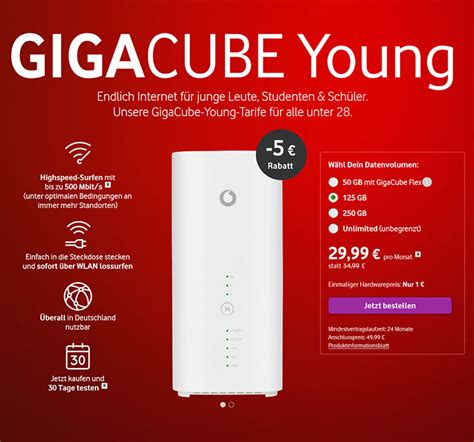 The plan uses the vodafone mobile network ('vodafone network'), either 4g or 5g depending on network coverage, signal and location. Vodafone GigaCube Young - für junge Leute unter 28 Jahren