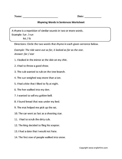 Rhyming Worksheets Rhyming Words In Sentences Worksheet