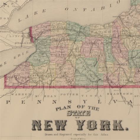 F W Beers Hand Colored Map Engraving Plan Of The State Of New York