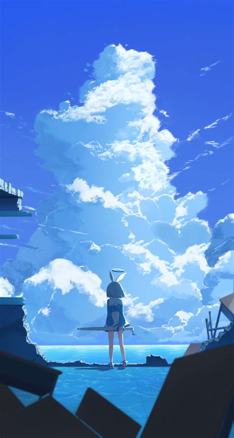 Clouds Sailor Uniform Blue Archive Anime Games Standing Skirt Fan