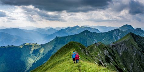 Wallpaper ID: 251180 / two hikers walking on a grassy mountain ridge ...