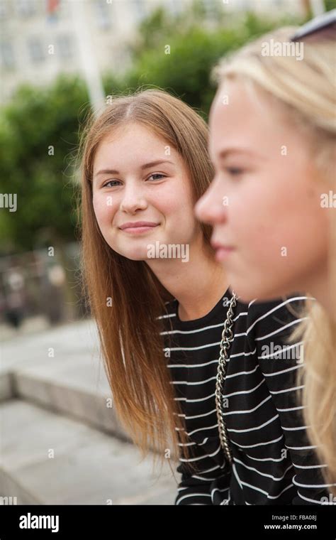Sweden Skane Malmo Two Teenage Girls 14 15 16 17 On Street Stock