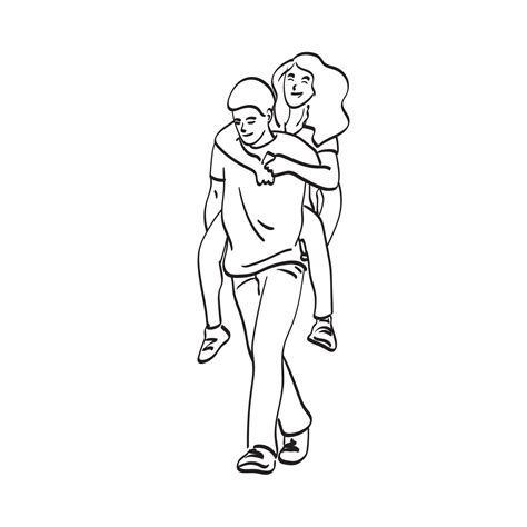 Line Art Man Carrying His Girlfriend On Back With Piiggyback Ride