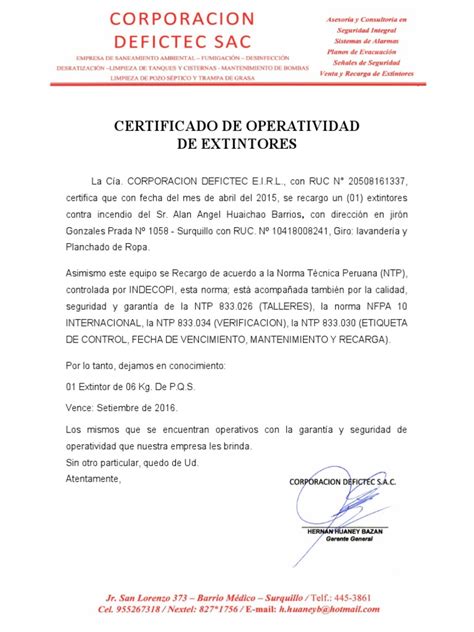 Certificado De Operatividad De Extintoresdoc