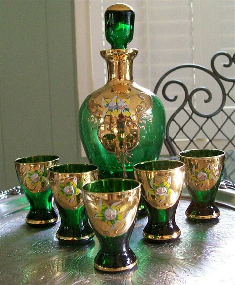 Moser Vintage Czech Bohemian Hand Painted Emerald Green Glass Decanter Cordial Set With Gold