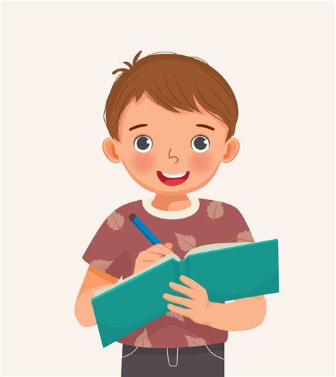 Cute Little Boy Student Holding Pen And Notebook Writing Making Note