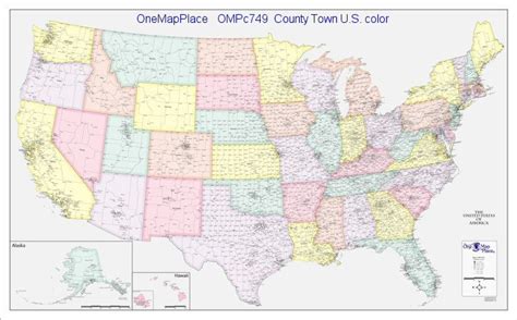 One Map Place Color Us County Town Us 74x47