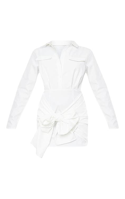 White Double Pocket Wrap Detail Shirt Dress Prettylittlething Aus