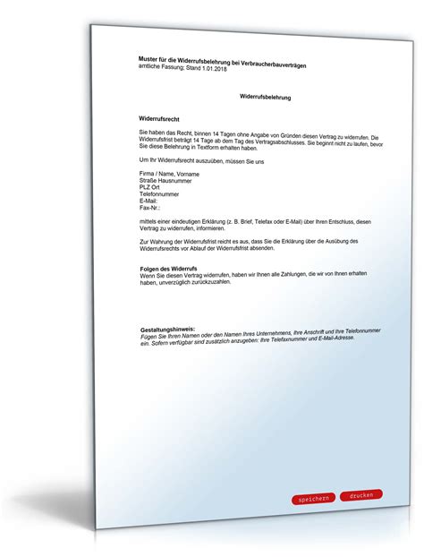Beitrag aus deutsches anwalt office premium. Widerrufsbelehrung Verbraucherbauvertrag | Muster zum Download