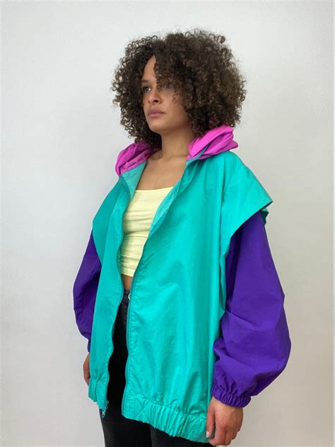 80s Neon Jacket 1980s Green Purple Pink Coat Large Xl Etsy