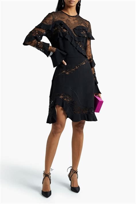 Elie Saab Ruffled Chantilly Lace Crepe Dress In Black Modesens