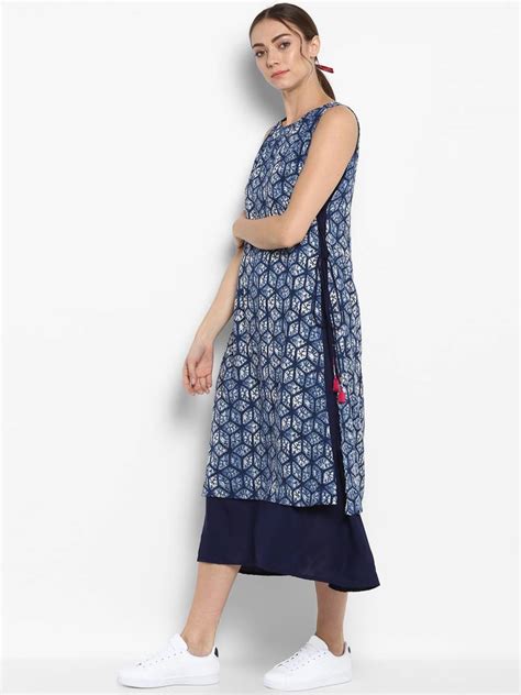 Blue Printed Rayon Linen Dresses Bkind 2864987