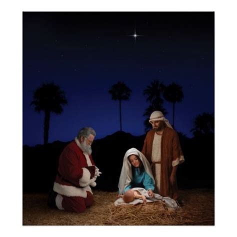 Santa Kneeling At Nativity Poster Free Art Prints