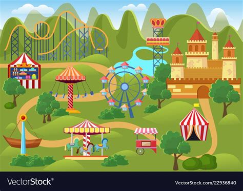 Amusement Park Concept Landscape Map With Flat Vector Image Landscape