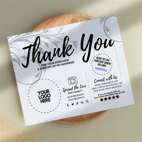 Editable Business Thank You Insert Card Templategray Floral Etsy