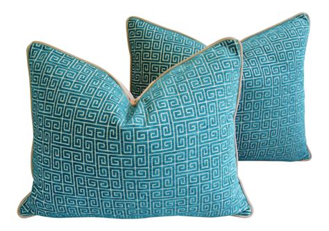 Turquoise Greek Key Velvet Feather/Down Pillows 24
