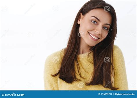 Tenderness Women And Makeup Concept Good Looking Alluring Young Smiling Woman Tilt Head And