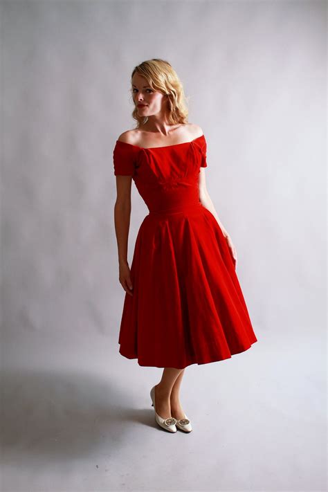 1950s Party Dress 50s Red Velvet Off The By Camilliaheirloom
