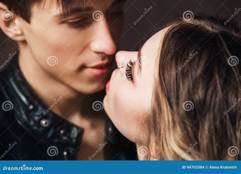 Portrait Of Couple Beautiful Couple Touching At Each Other Outdoor