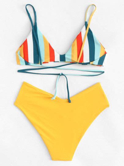 Striped Print Top With Criss Cross Bikini Set Criss Cross Bikini Set
