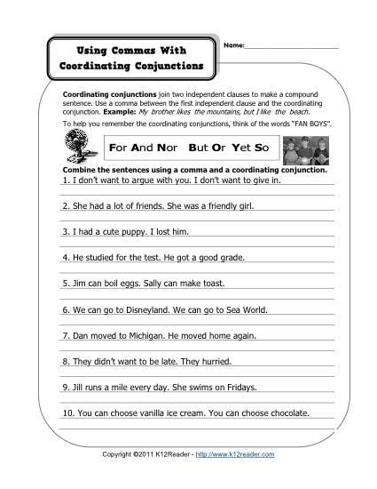Coordinating Conjunctions Worksheet Grade