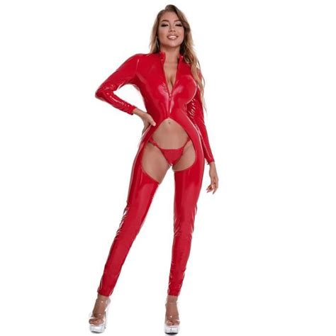 Iiniim Femme Body Cuir Vernis Entrejambe Ouvert Combinaison Catsuit