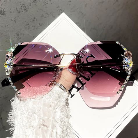 vintage rimless rhinestone sunglasses with gradient lens for women by luxury brand design 2023