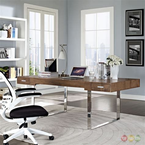 Tinker Modern 2 Drawer Office Desk In Natural Wood With Steel Base Walnut